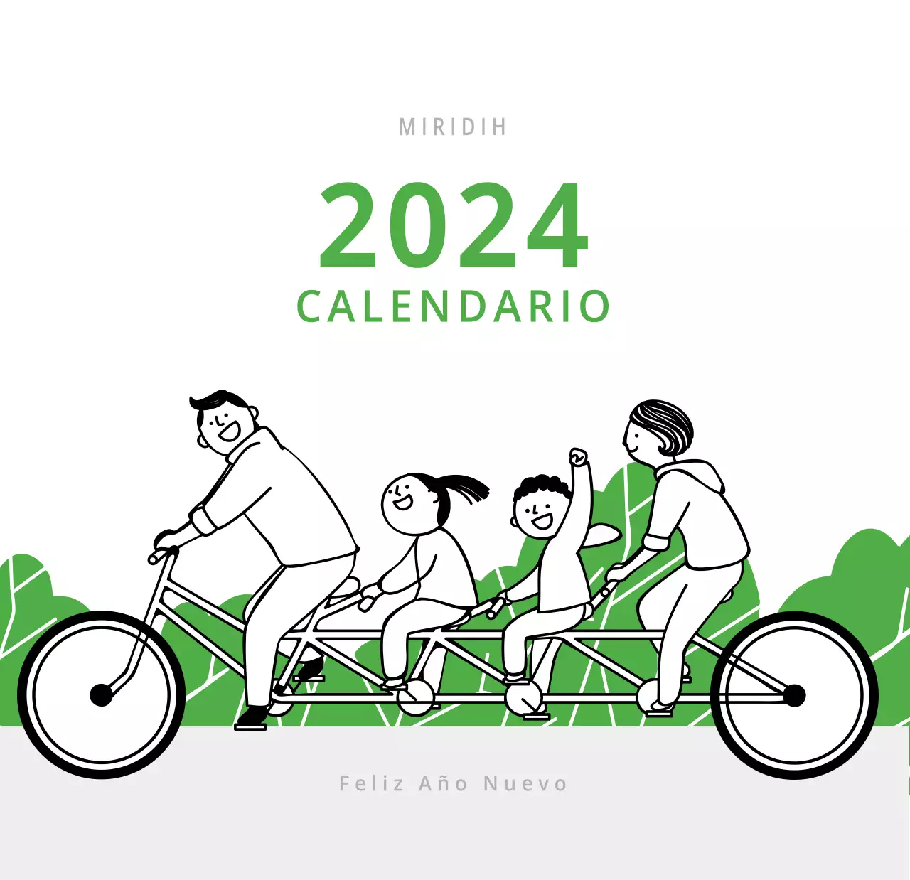Bonito calendario de sobremesa ilustrado de temática familiar en color verde