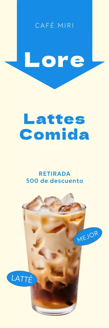 Una sencilla promoción de un café, destacada por una flecha con un color de acento azul claro.
