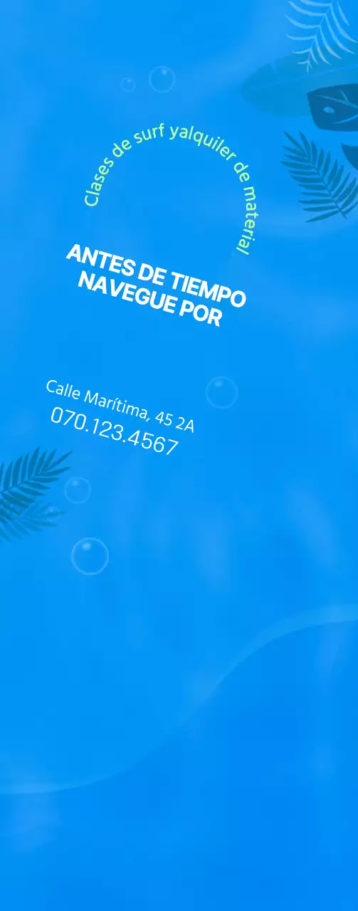 Ilustración sencilla del océano en azul y chartreuse para información y promoción del surf