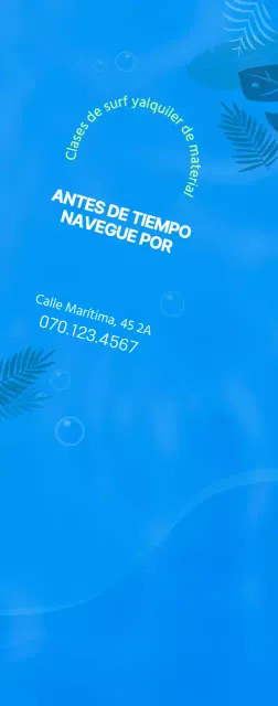 Ilustración sencilla del océano en azul y chartreuse para información y promoción del surf