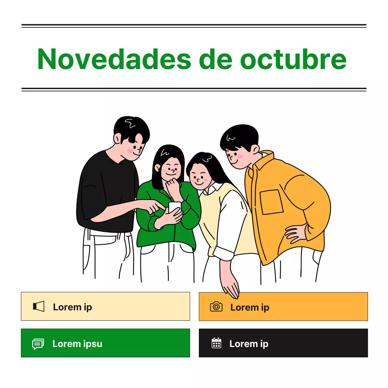 Un boletín mensual del departamento de licenciatura de una universidad con un blog bonito, ordenado y sencillo en verde y naranja e ilustraciones monótonas de Notion.