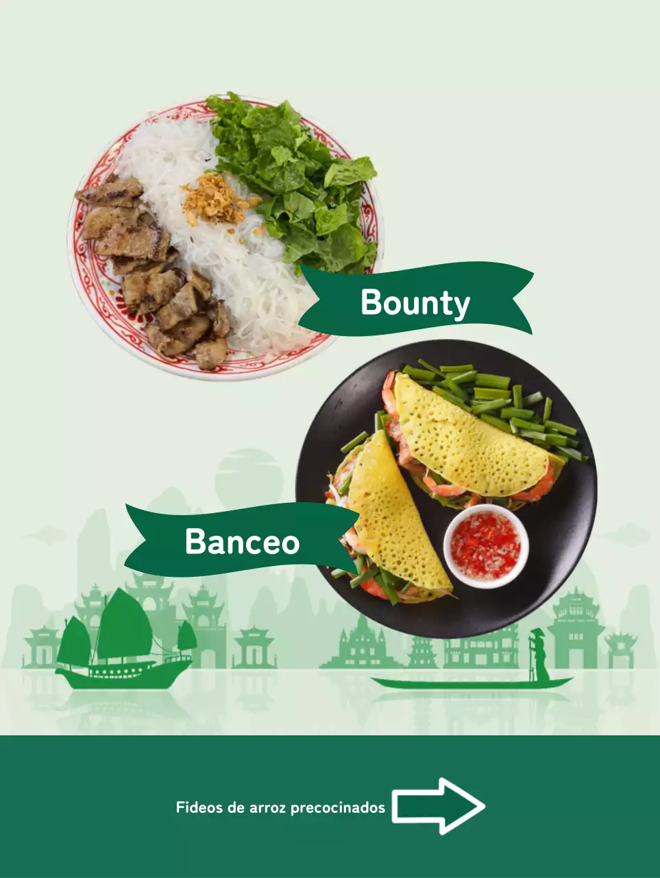 Promover un menú limpio con una imagen de fideos de arroz en un color de acento verde.