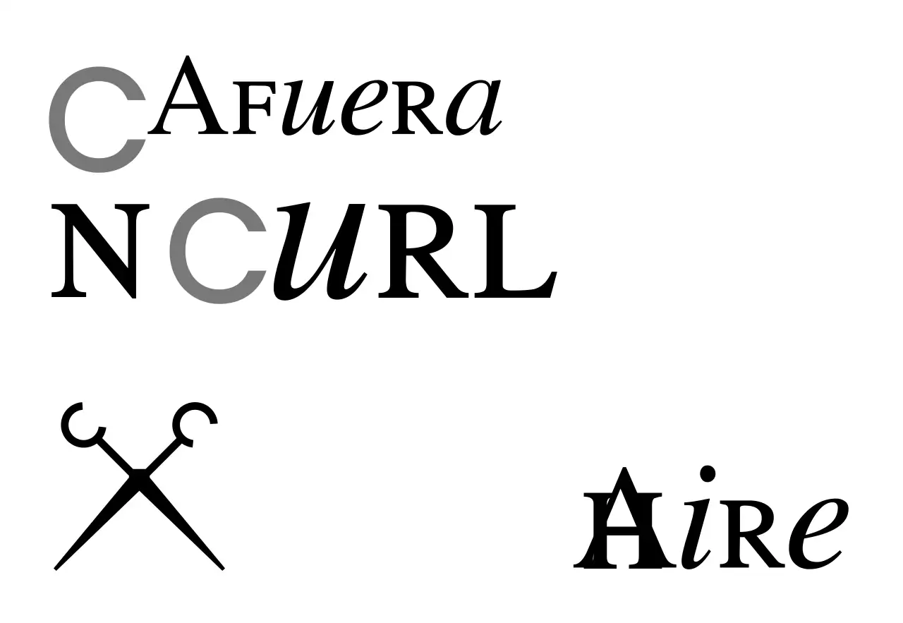 Rótulo de tienda de aspecto clásico con texto en blanco y negro sobre peluquería de corte y rizado e ilustración de unas tijeras.