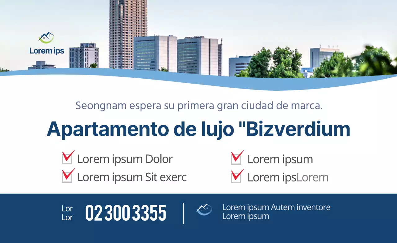 Diseño sencillo y limpio en azul marino y blanco para anuncios de apartamentos