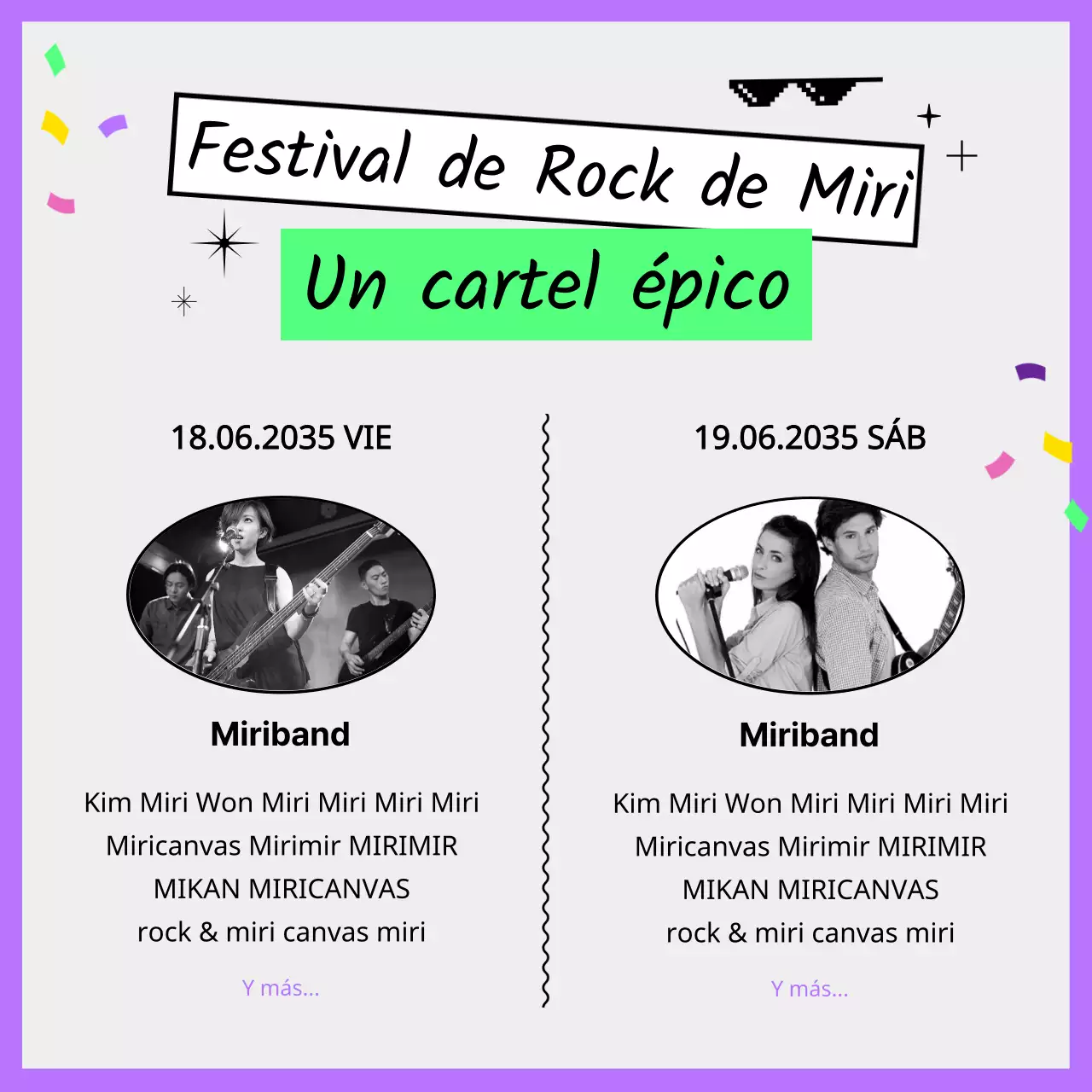 Guía de festivales de verano de bandas de rock con ilustraciones gruesas, simpáticas y únicas en morado y chartreuse fluorescente.