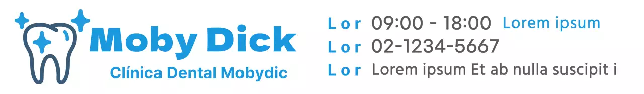 Diseñe un material de promoción dental con un logotipo dental azul y detalles de la clínica.