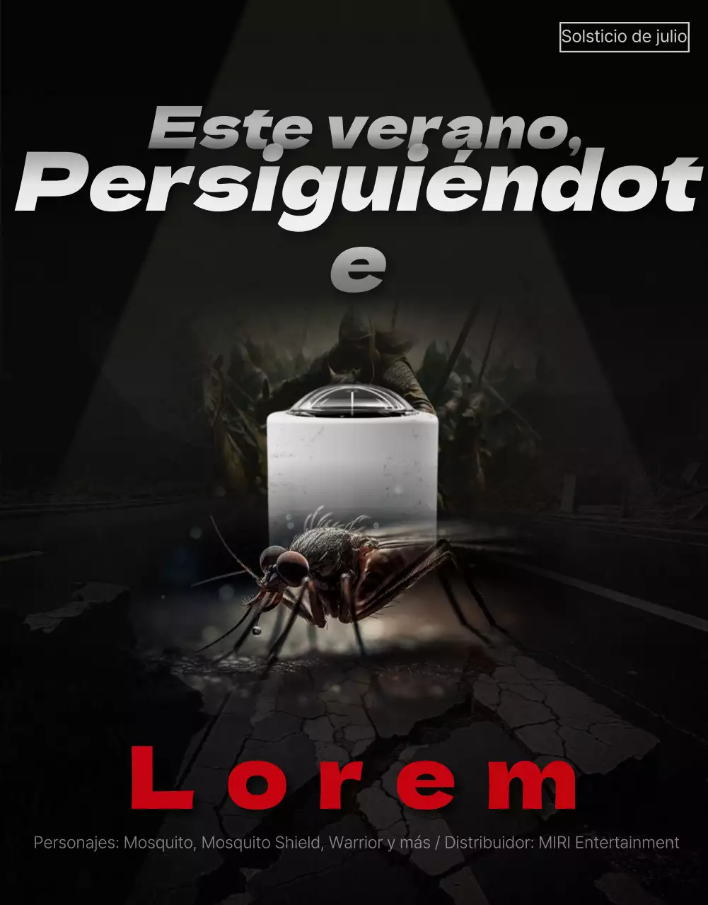 Promociona un producto repelente de mosquitos con un cartel negro y rojo de una película de catástrofes.