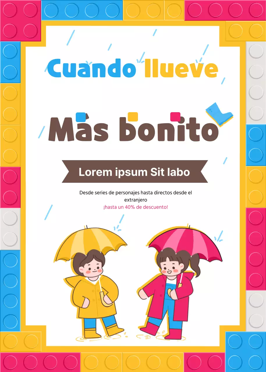 Tema infantil de artículos para la estación lluviosa con bloques de colores y un simpático concepto infantil