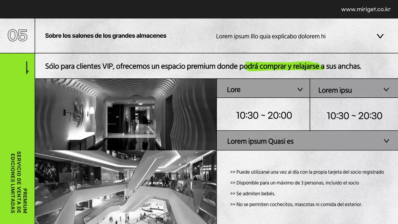 Presentación de los beneficios VIP de los grandes almacenes en blanco y negro y verde lima