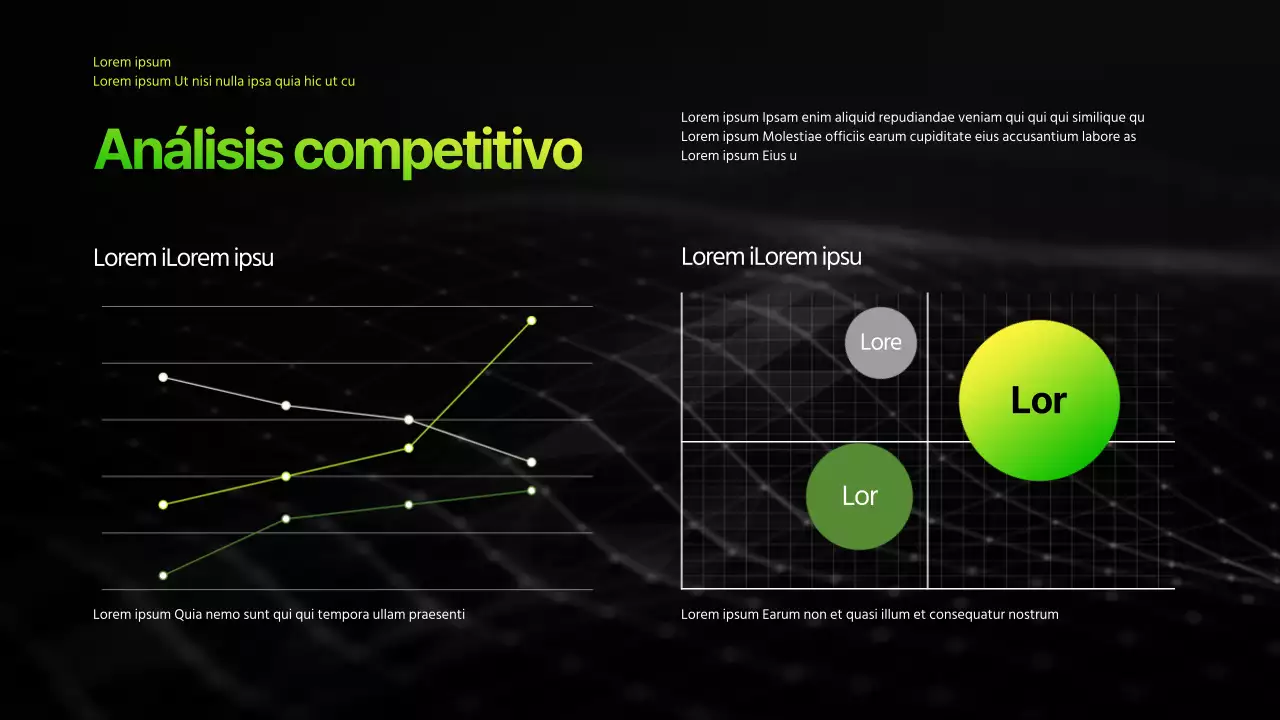 Presentación infográfica de negocios con tema degradado en negro y chartreuse