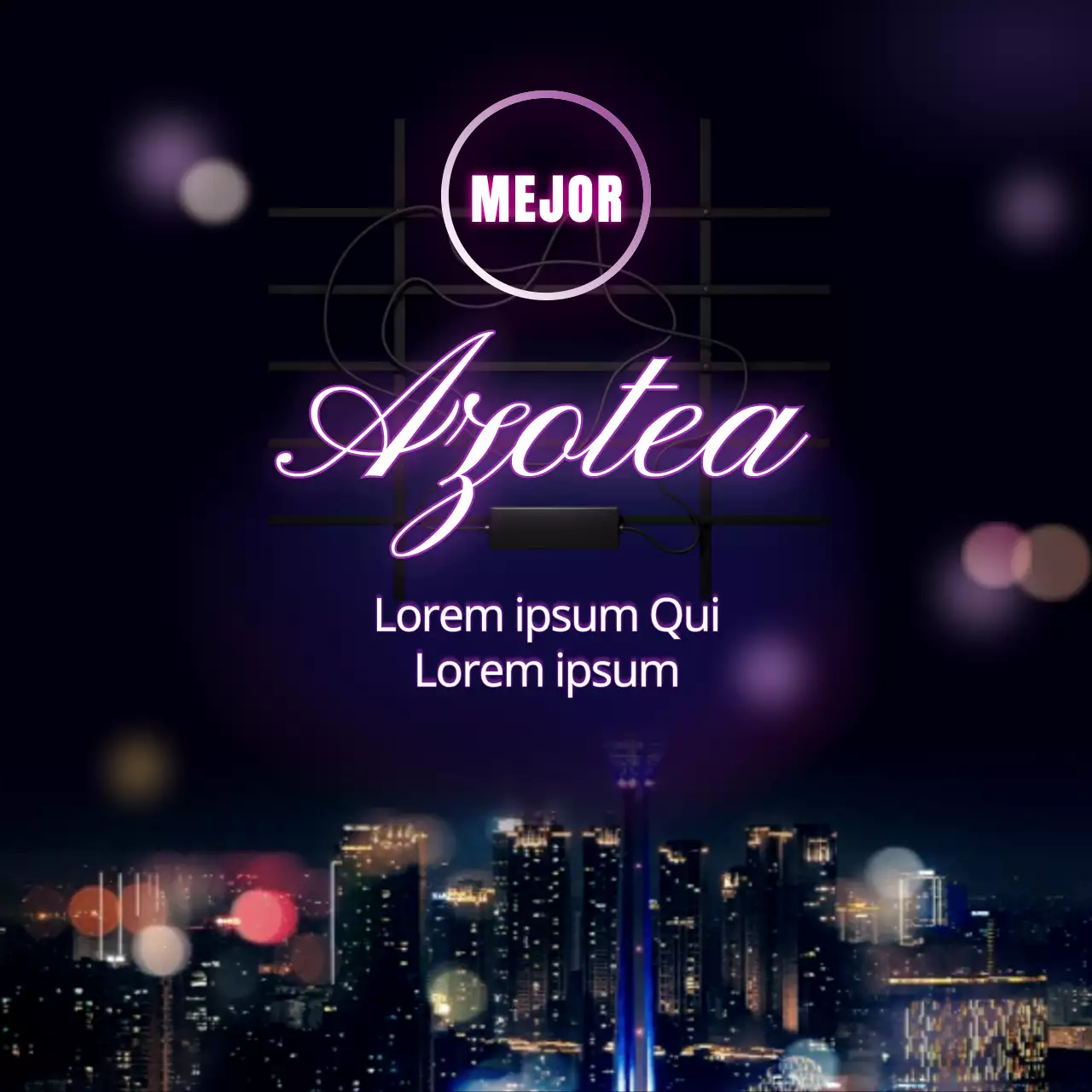 Una colección de pubs en azoteas con vistas nocturnas de neón púrpura