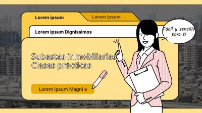 Conferencia sobre subastas inmobiliarias con título en forma de carpeta amarilla que resalta el concepto