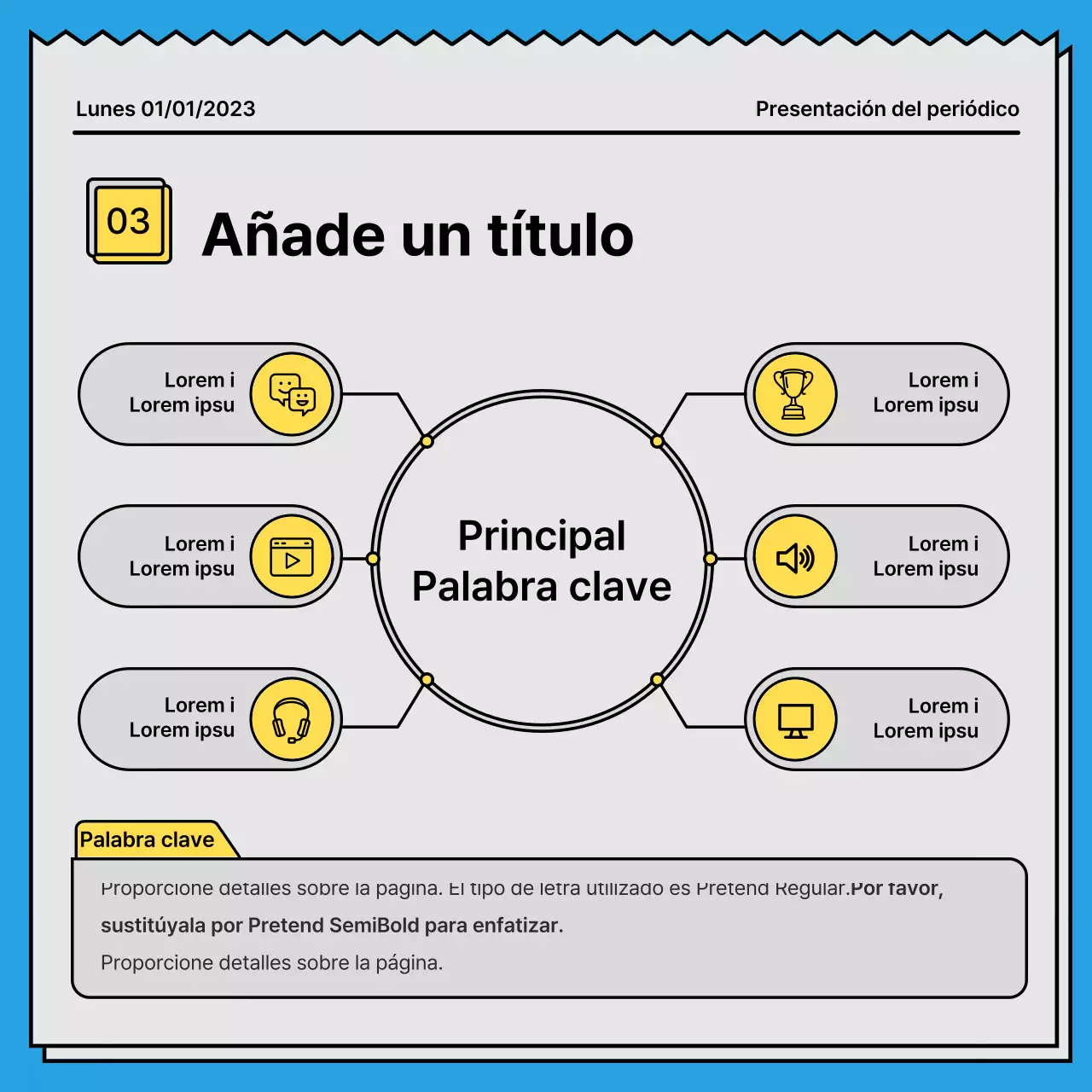 Una tarjeta de noticias audaz y llamativa en un concepto de periódico con acentos en amarillo y azul claro.
