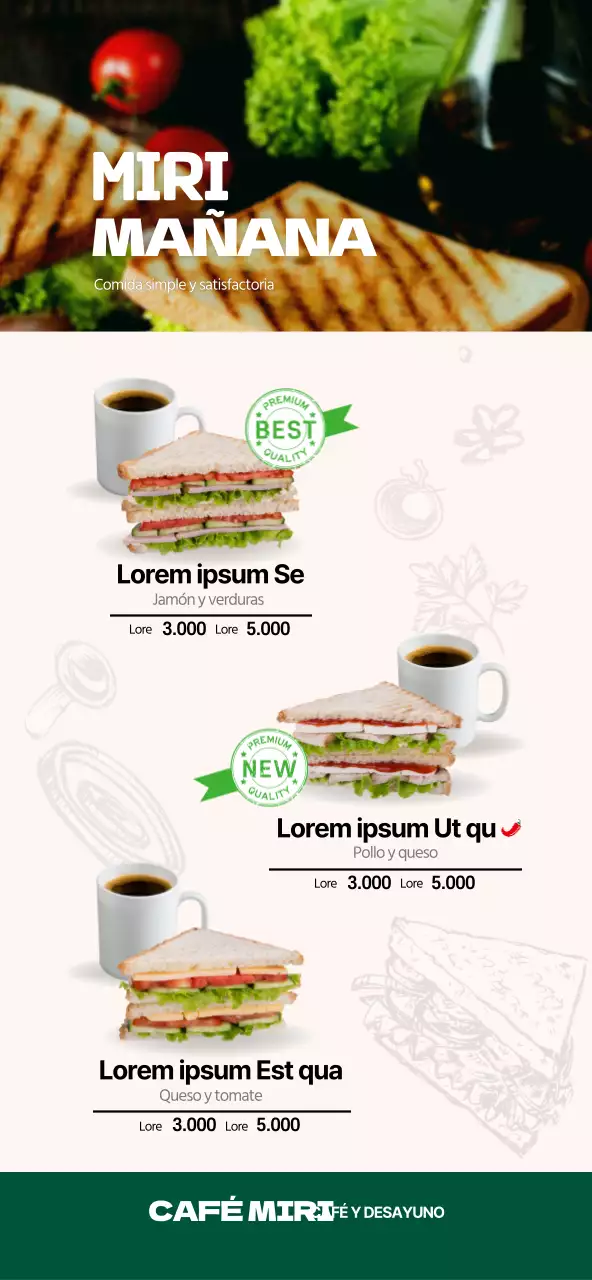 Ilustración verde y blanca de un sándwich para un concepto de menú de cafetería.