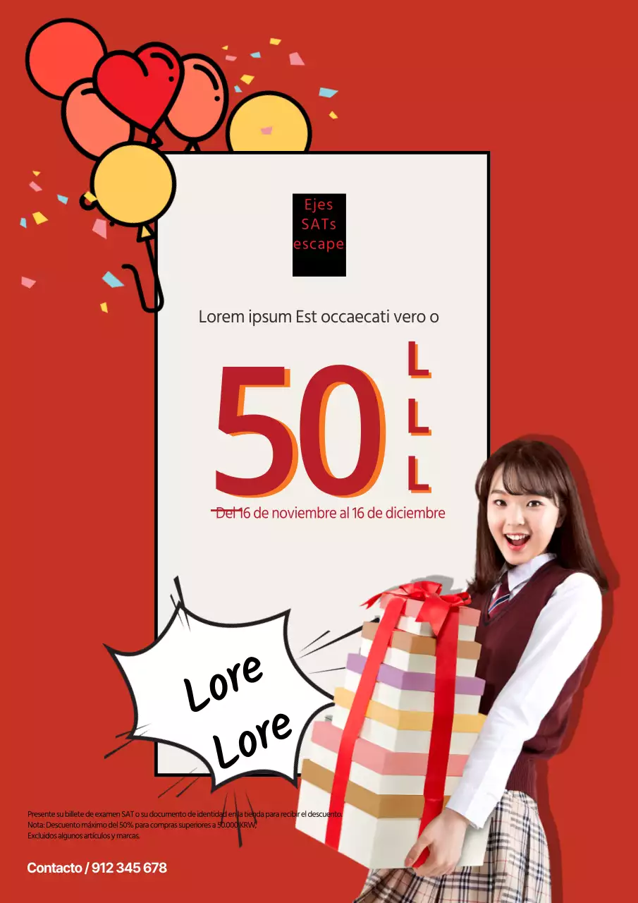 Promocione una oferta de descuento exclusiva para estudiantes para celebrar la inauguración con una ilustración de globos rojos y confeti.