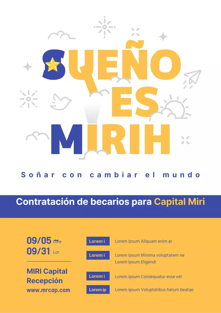Tema amarillo azul marino para anuncios de trabajo en prácticas con un concepto tipográfico limpio