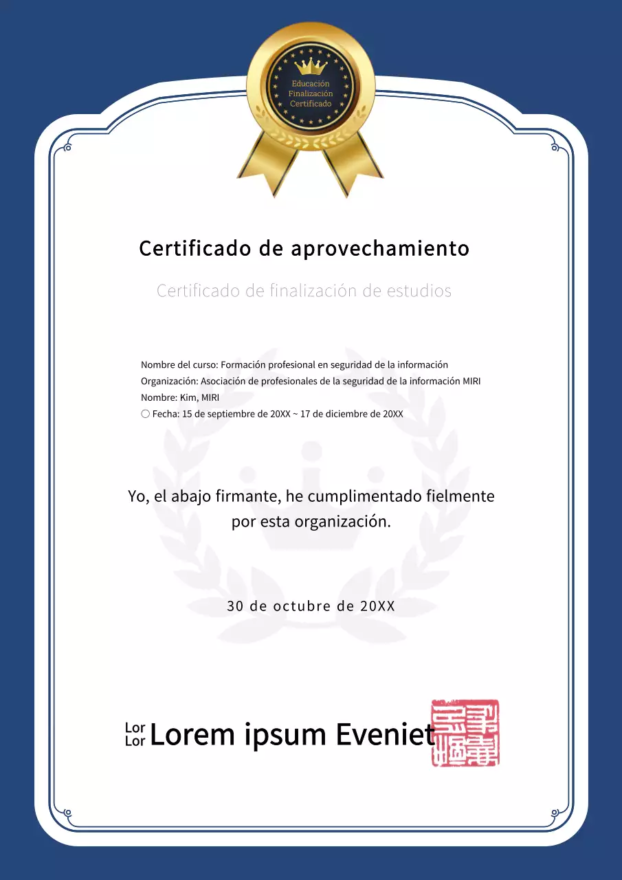 Certificado de formación azul marino