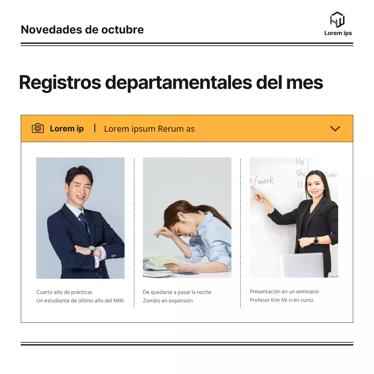 Un boletín mensual del departamento de licenciatura de una universidad con un blog bonito, ordenado y sencillo en verde y naranja e ilustraciones monótonas de Notion.