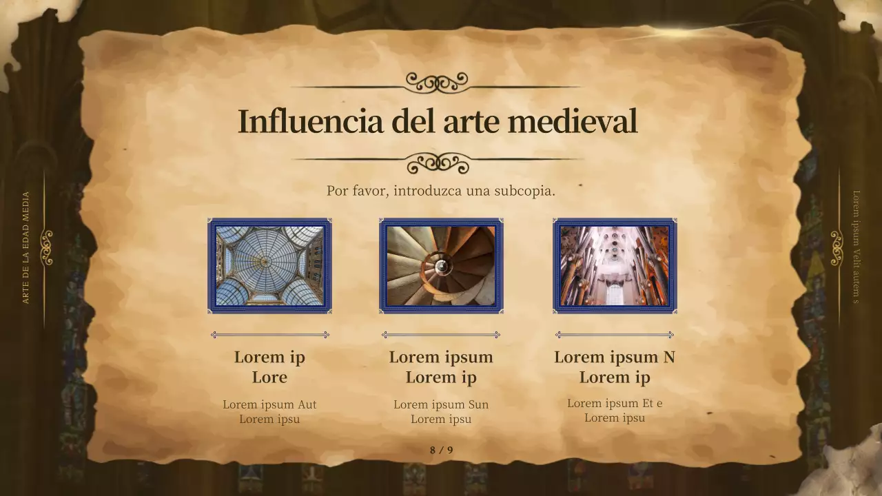 Arte medieval enmarcado en marrón para dar un aspecto elegante al material promocional