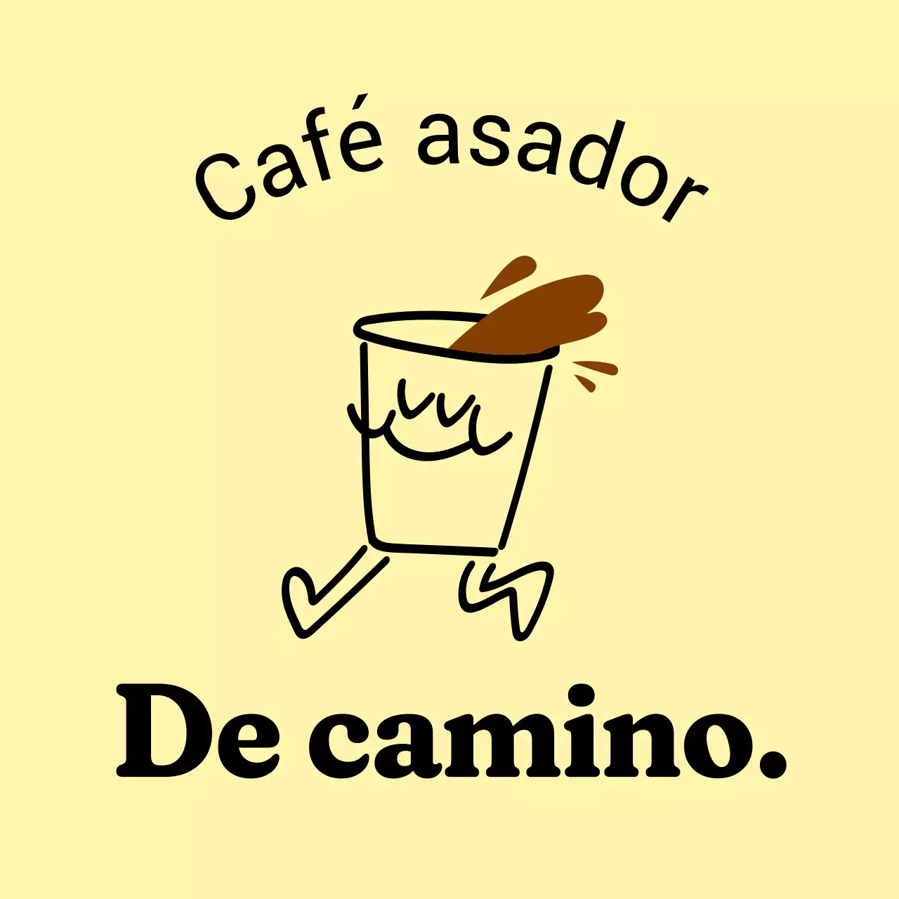 Señalización de tienda cálida y acogedora en amarillo claro y negro con texto relacionado con la cafetería e ilustraciones de personajes con forma de café.