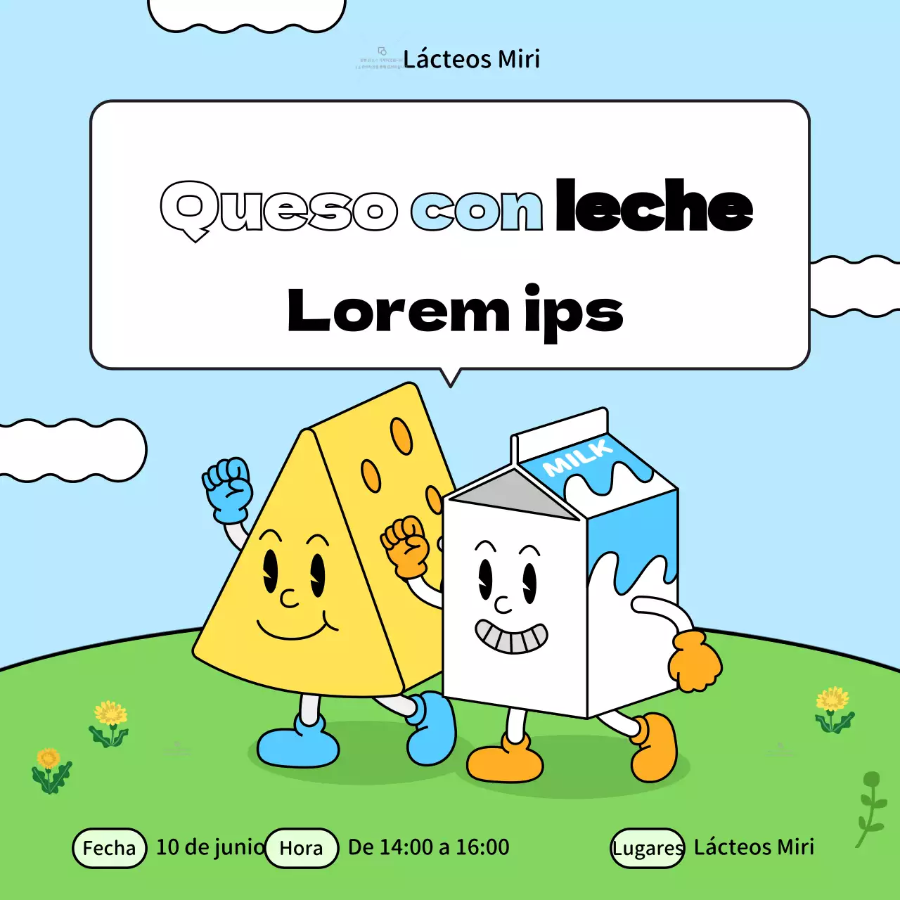 Promueva una experiencia minimalista de granja lechera de dibujos animados en azul claro y amarillo.