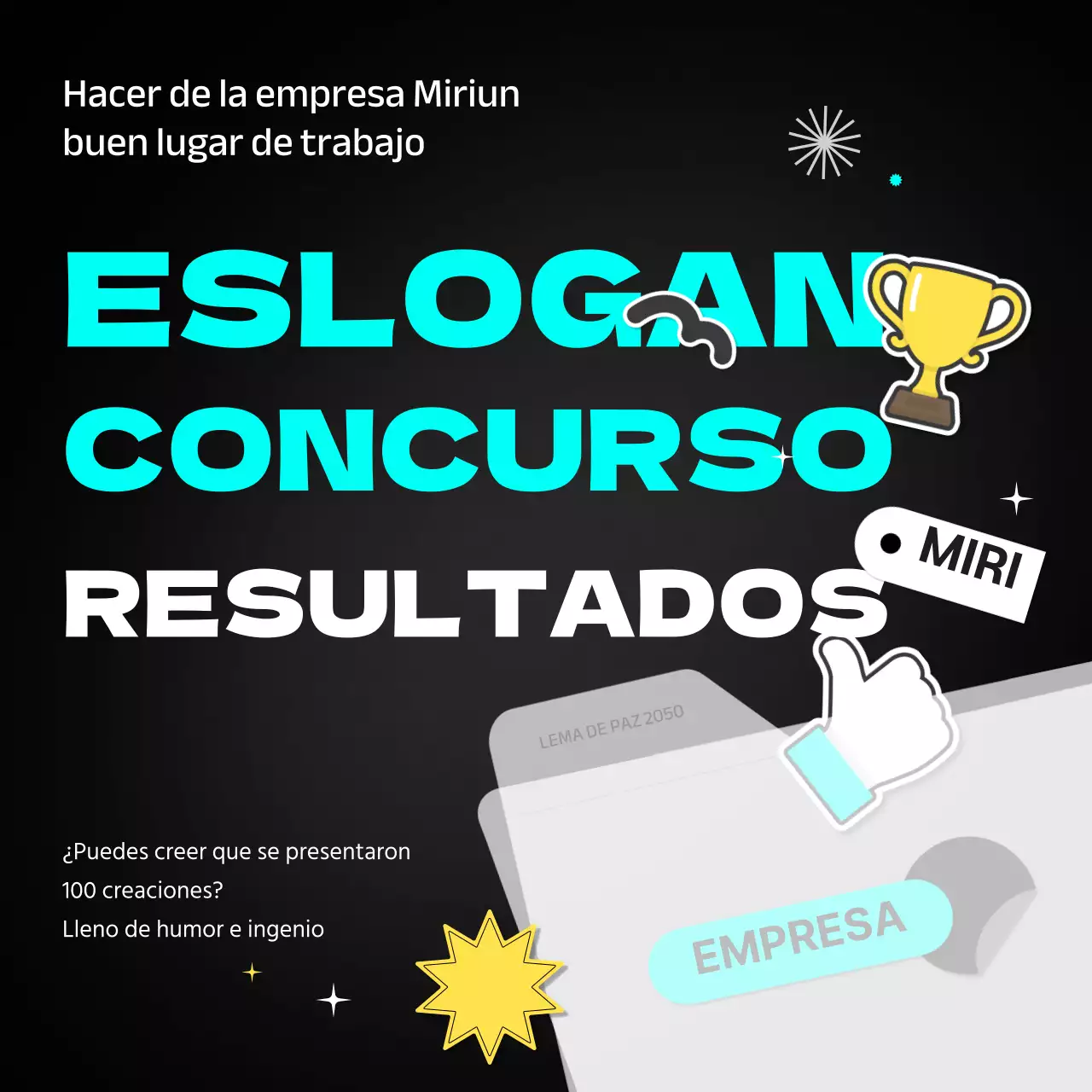 Los ganadores de los eslóganes se anuncian en blanco y negro con puntos azul claro y amarillo CardNews