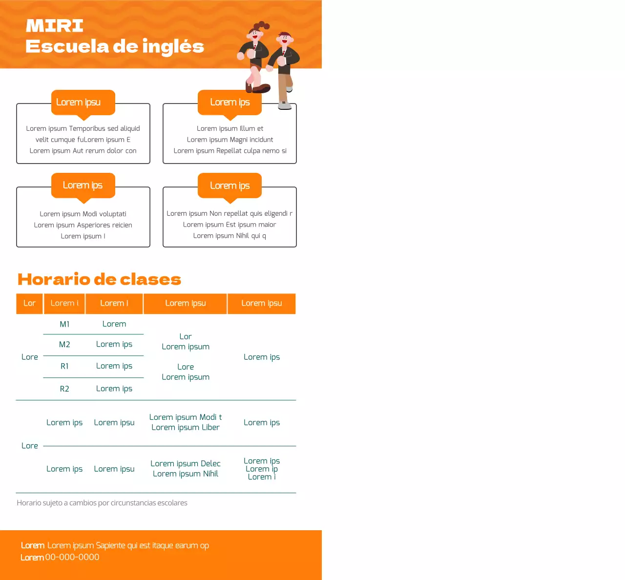 Promociona una academia de inglés con una ilustración de alumnos con uniforme naranja.