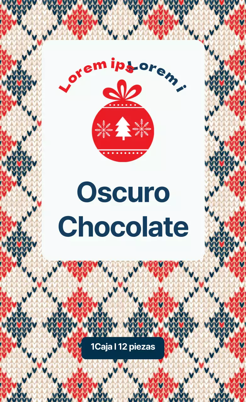 Etiqueta navideña de chocolate con motivos de punto en rojo y azul marino
