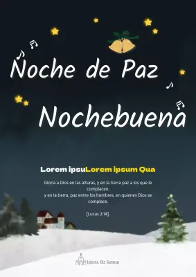 Promocione el evento navideño de una iglesia con una ilustración de una escena nocturna nevada en azul marino