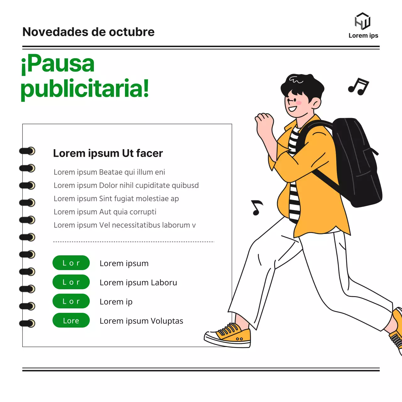 Un boletín mensual del departamento de licenciatura de una universidad con un blog bonito, ordenado y sencillo en verde y naranja e ilustraciones monótonas de Notion.