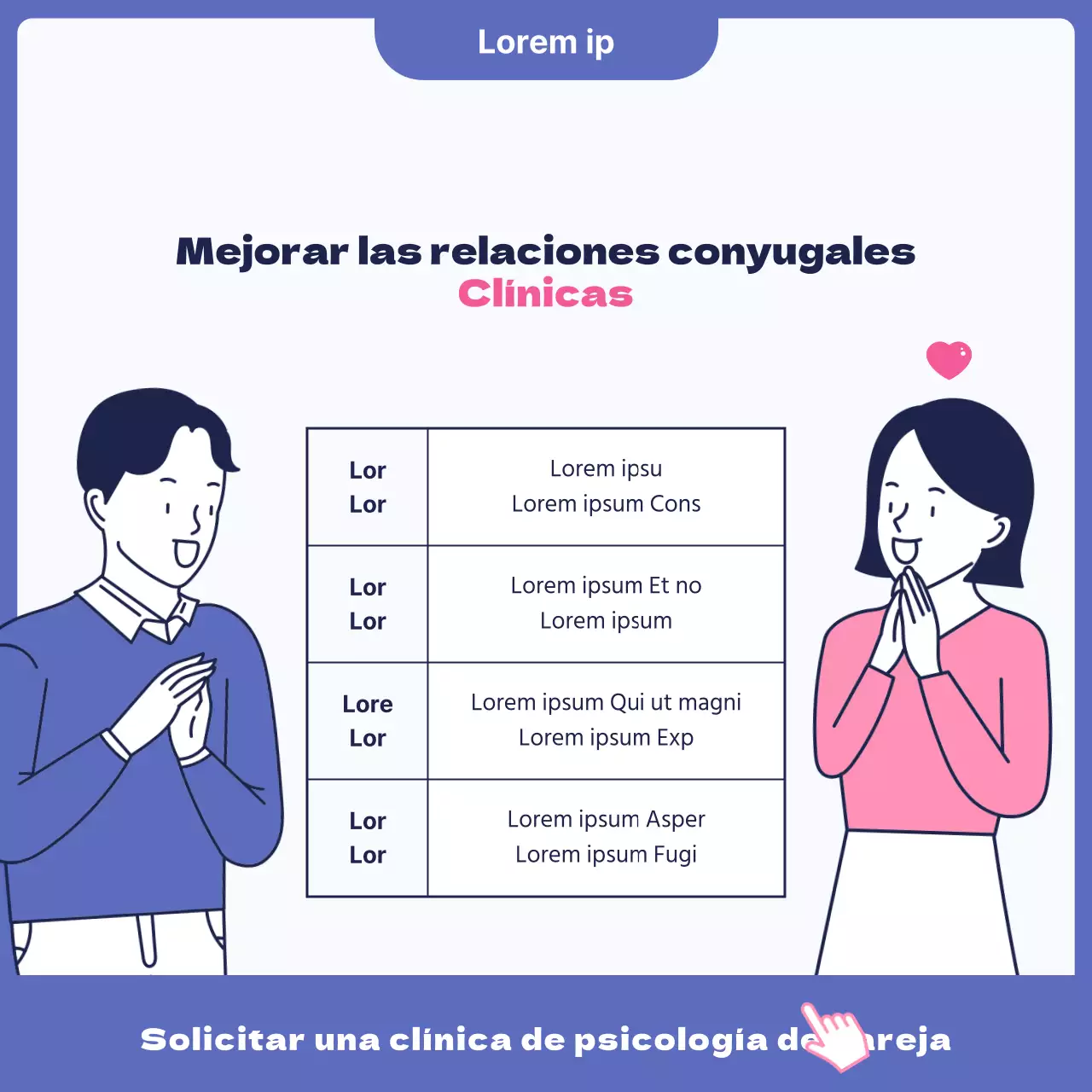 Un anuncio de una bonita clínica de psicoterapia para parejas rosa y azul.