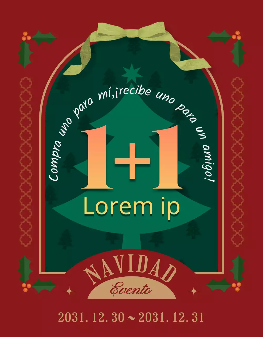 Evento navideño "compre uno y llévese otro gratis" con fondo rojo y adornos para el árbol