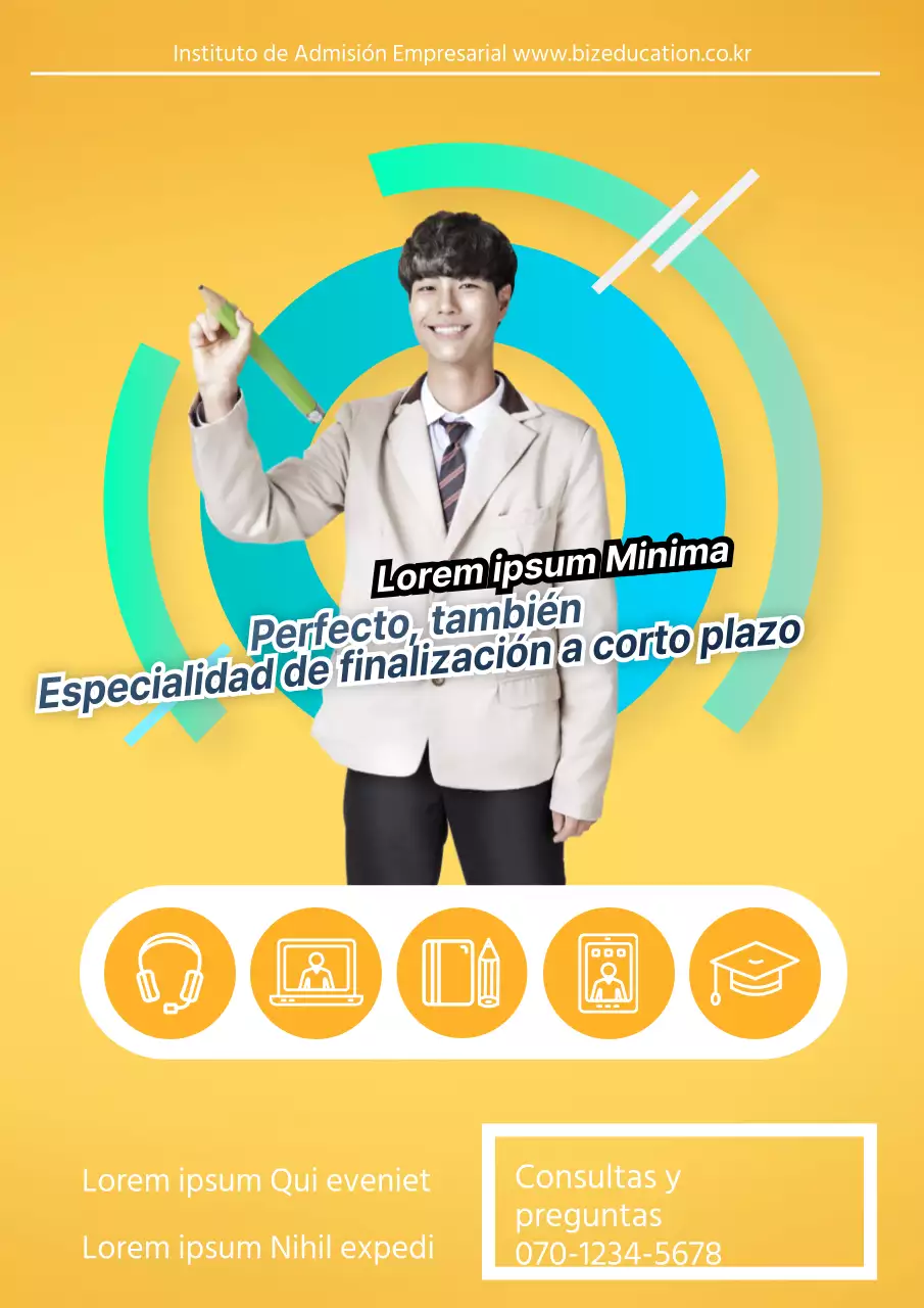 Promocione una escuela especializada en admisiones con fotos de alumnos e iconos educativos en amarillo y azul