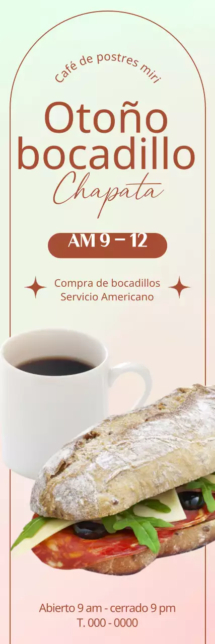 Banner con la foto de un bocadillo y café sobre fondo degradado