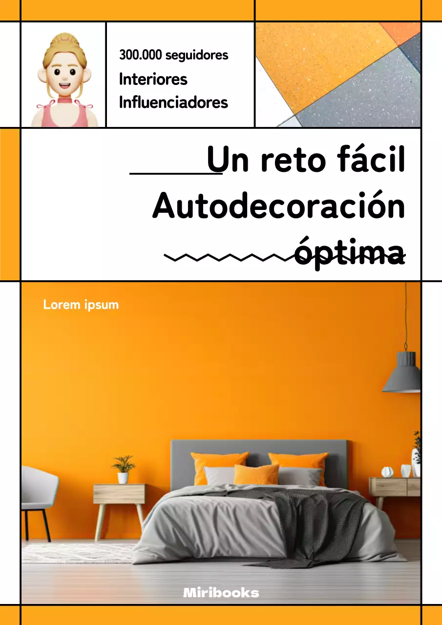 Portada interior del libro con elementos naranjas en un marco cuadrado