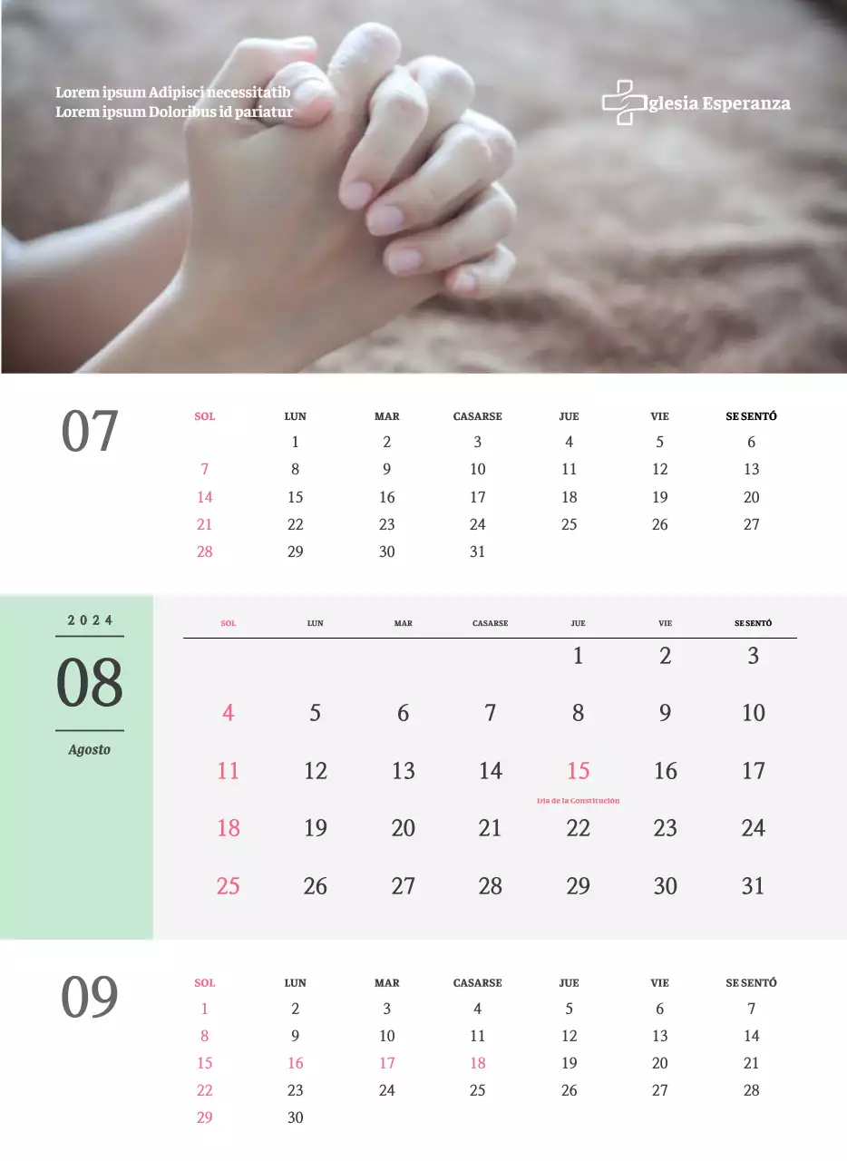 Calendario de pared de iglesia de concepto sencillo en blanco y negro con emotivas fotos religiosas