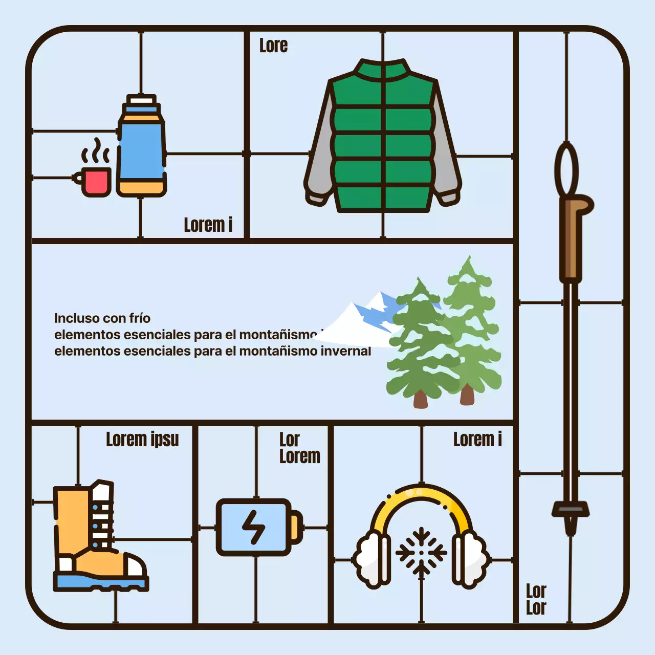 Concepto de ilustración de piezas de construcción de juguetes sencillos para elementos esenciales de senderismo en invierno