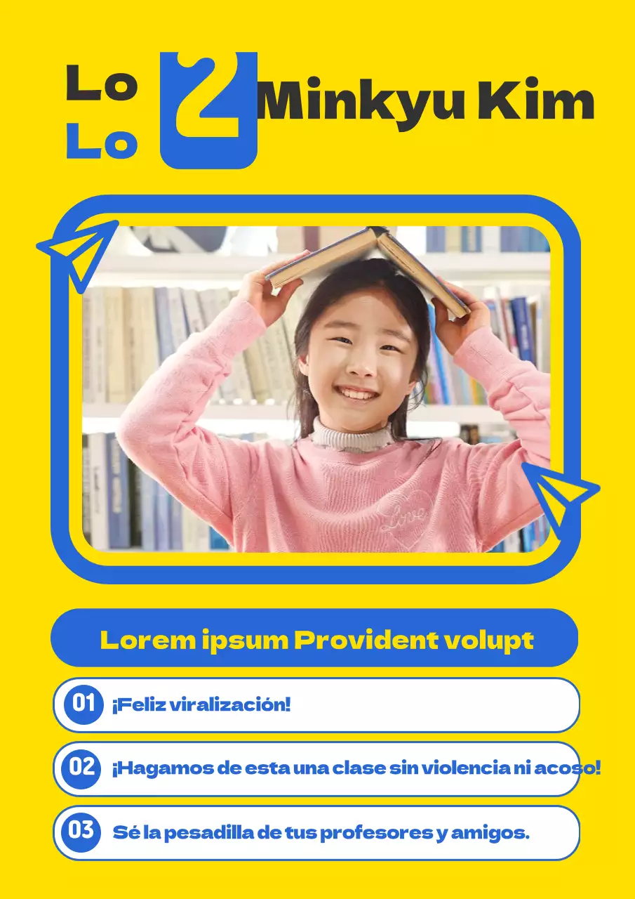 Guía sencilla del candidato a la presidencia de la clase con fotos amarillas y azules e ilustración de un avión de papel