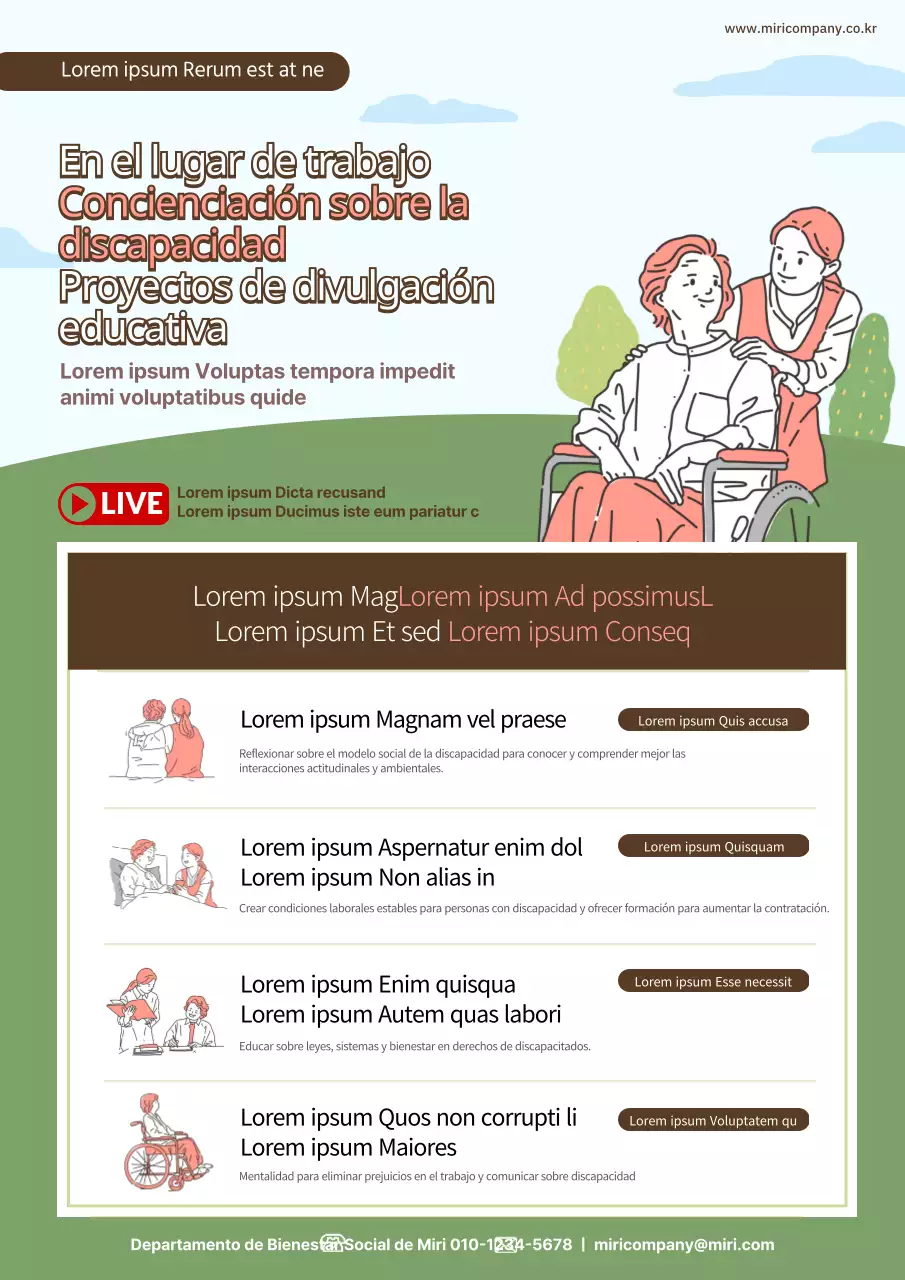 Webposter de formación en sensibilización sobre la discapacidad con un tema de ilustración verde y rosa