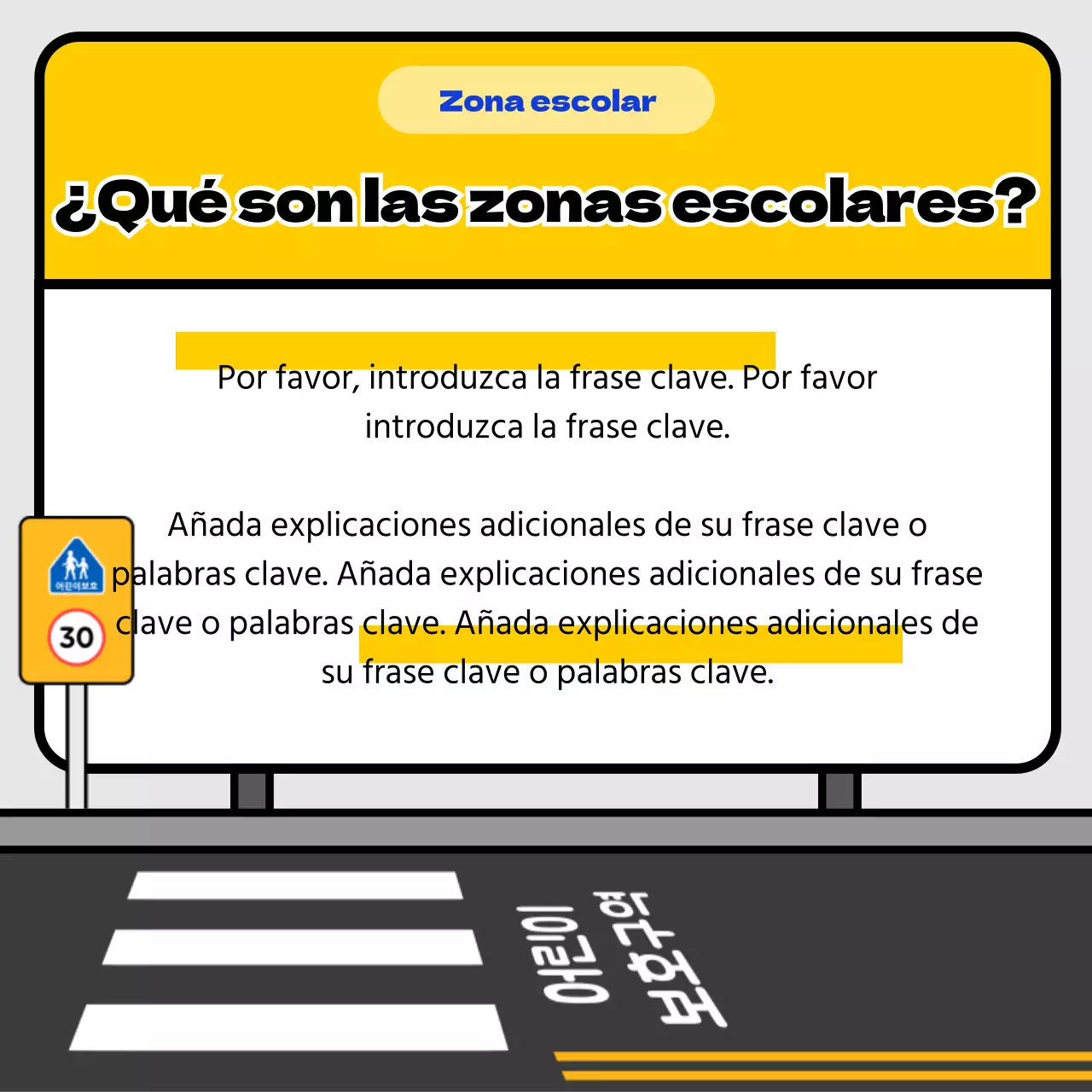 Consejos de seguridad vial en zonas escolares con el concepto de señal amarilla y azul