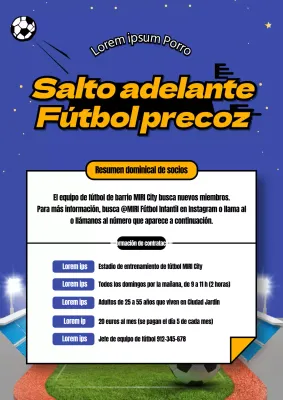 Cartel azul y amarillo de reclutamiento anticipado de futbolistas