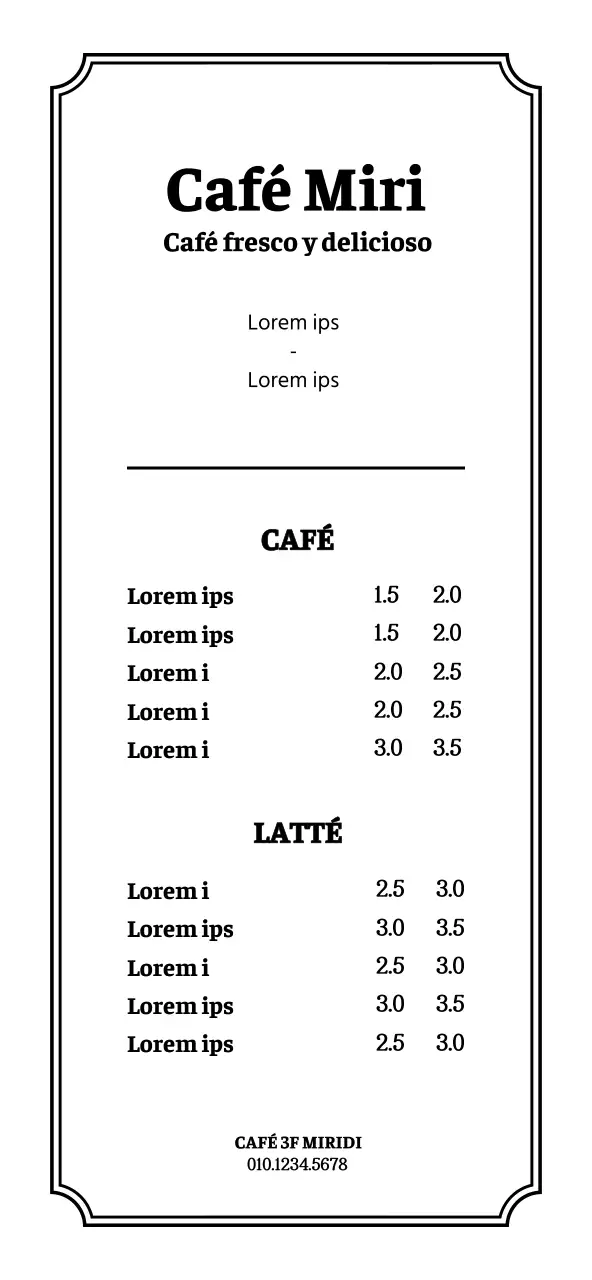 Precios de menú de cafetería de estilo sencillo y limpio en blanco y negro
