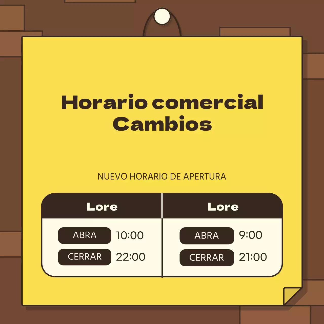Concepto de pared de ladrillo marrón y papel amarillo con un bonito horario de apertura