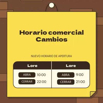 Concepto de pared de ladrillo marrón y papel amarillo con un bonito horario de apertura
