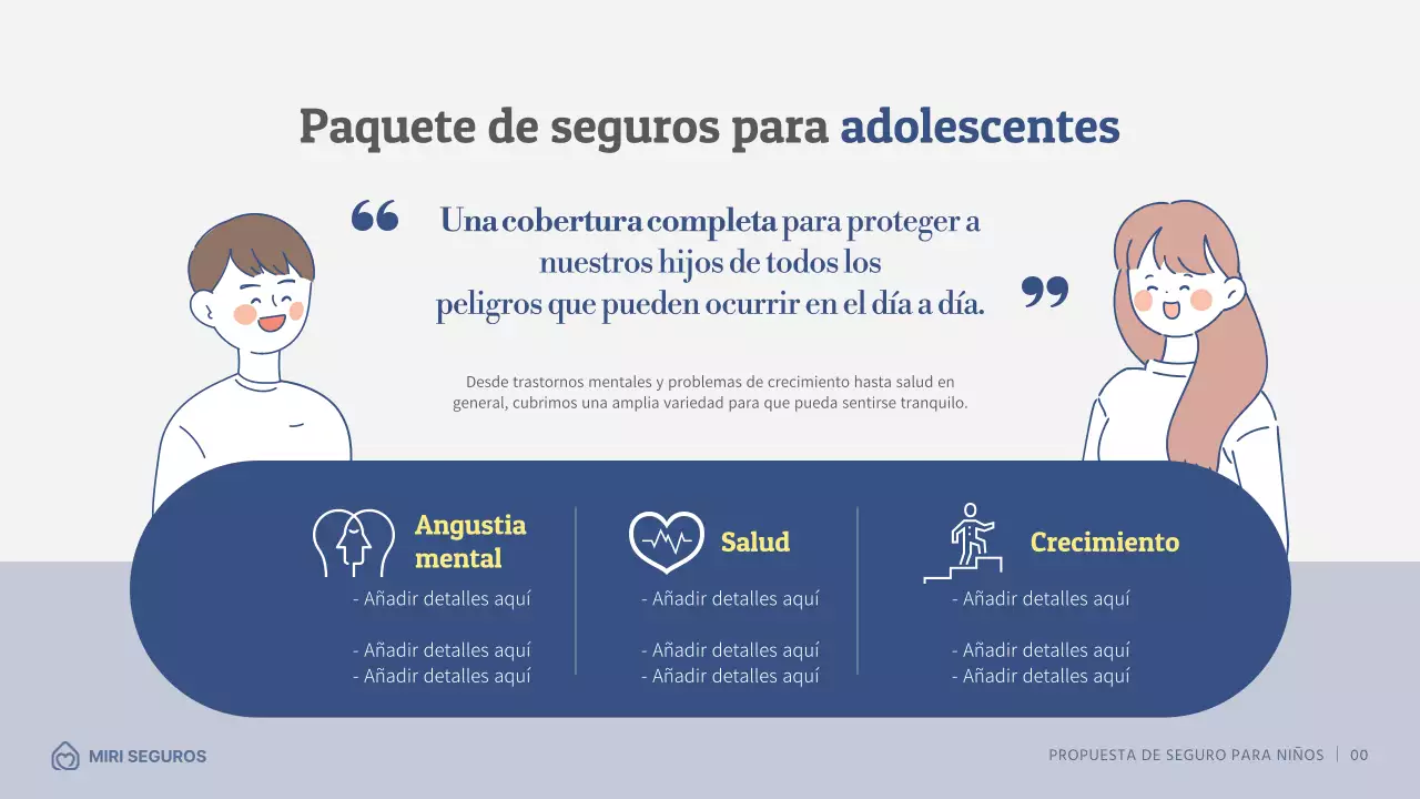 Propuesta de seguro infantil con ilustraciones en azul marino