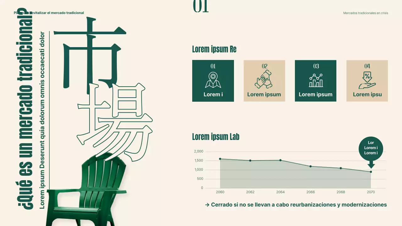 Plan para revitalizar los mercados tradicionales utilizando objetos y tipografía de color verde y beige