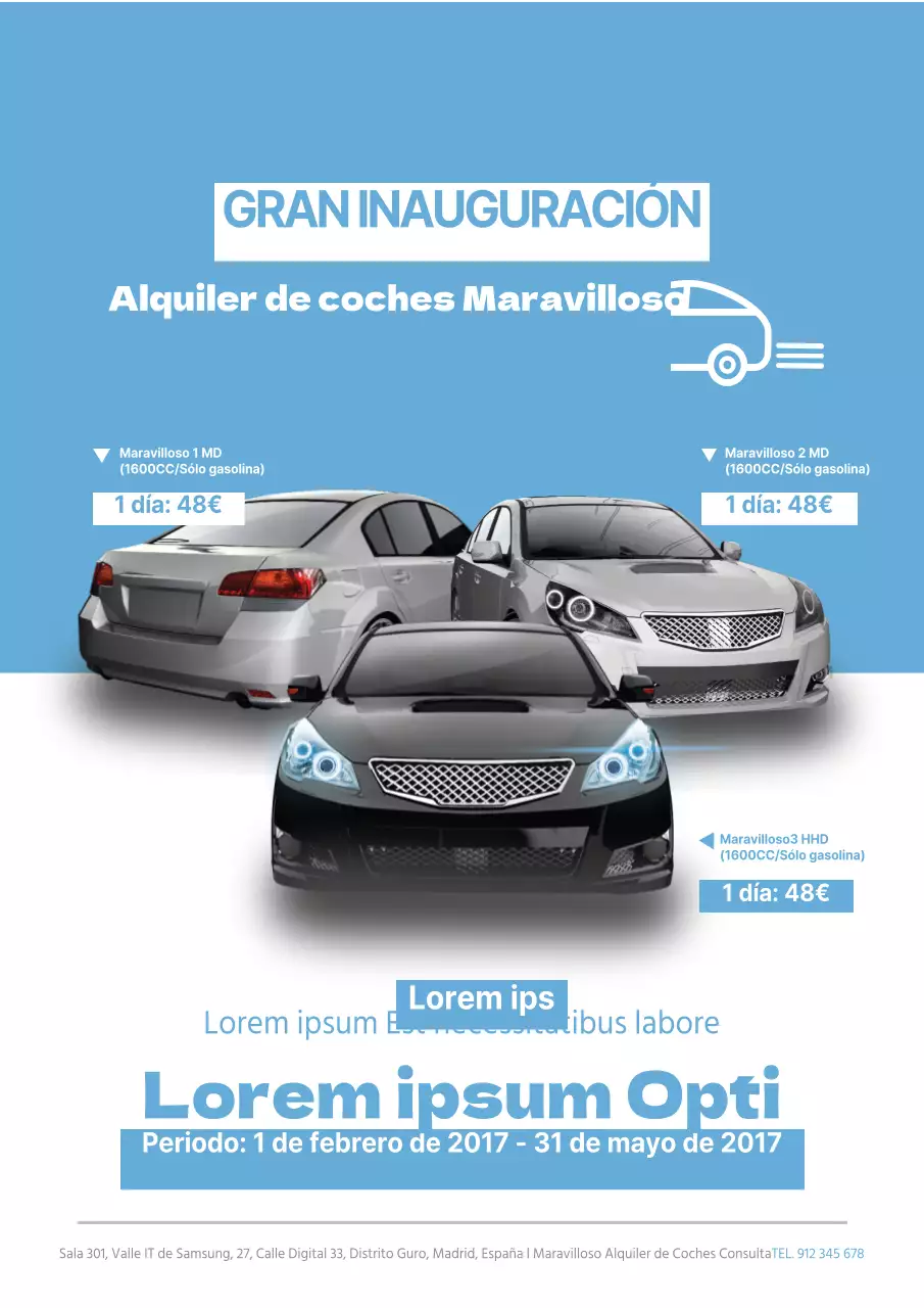 Sencillo folleto azul claro de agencia de alquiler de coches