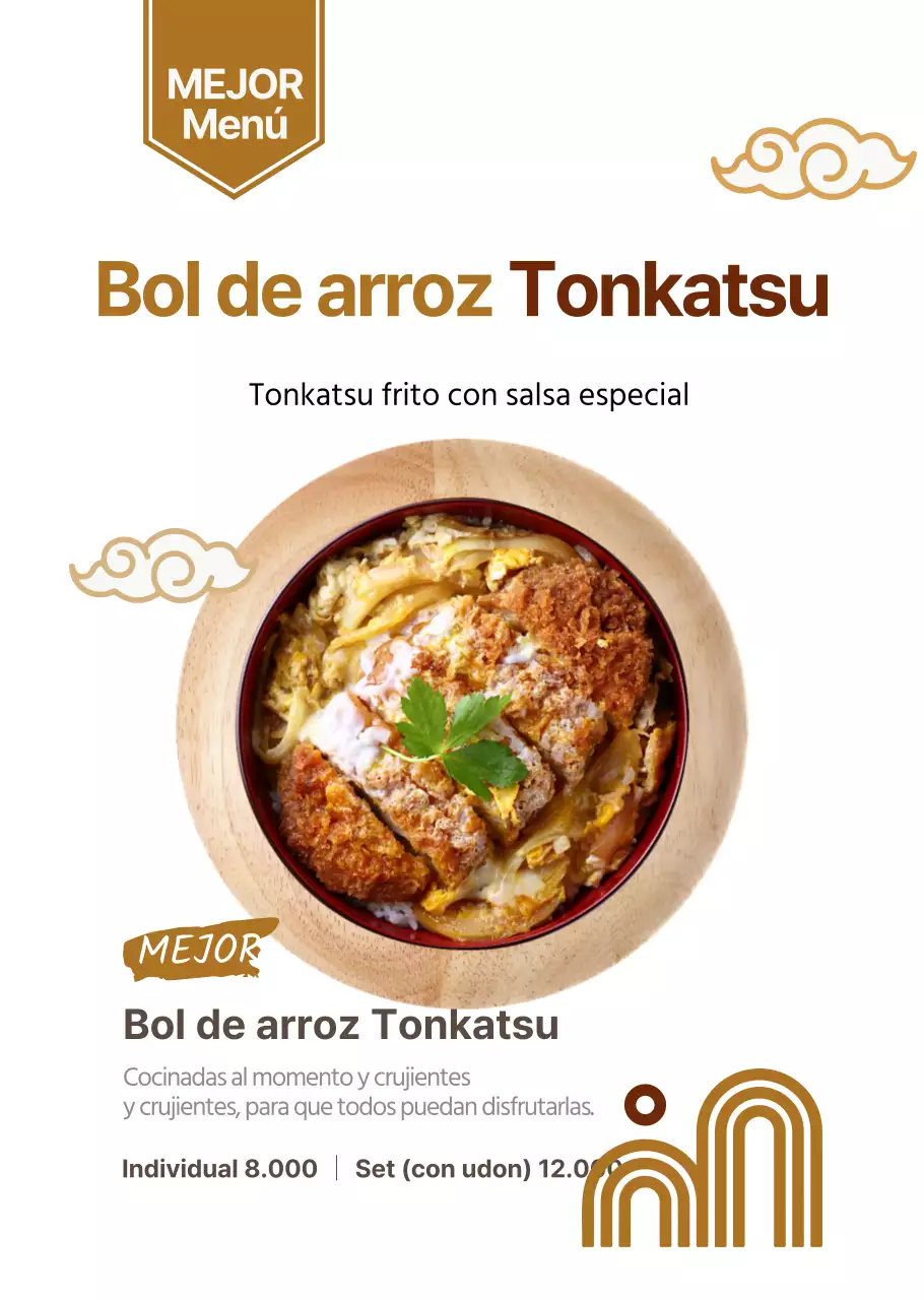 Cartel transparente para un sencillo bol tonkatsu marrón de un restaurante japonés