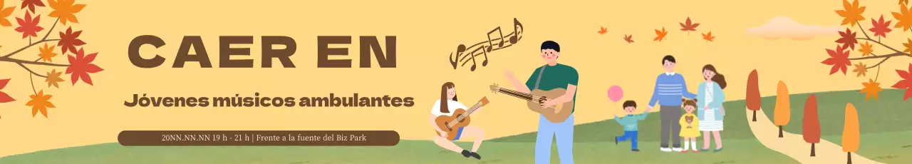Pancarta de músicos ambulantes con una ilustración de personas disfrutando de la música sobre un fondo otoñal de arces.