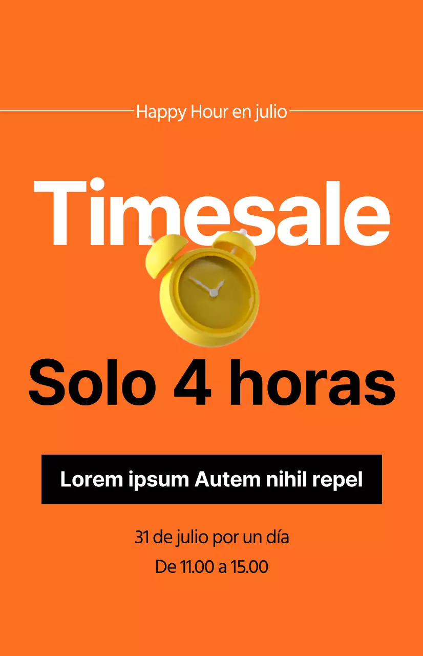 Una impactante promoción de venta de tiempo con la imagen de un despertador sobre fondo naranja